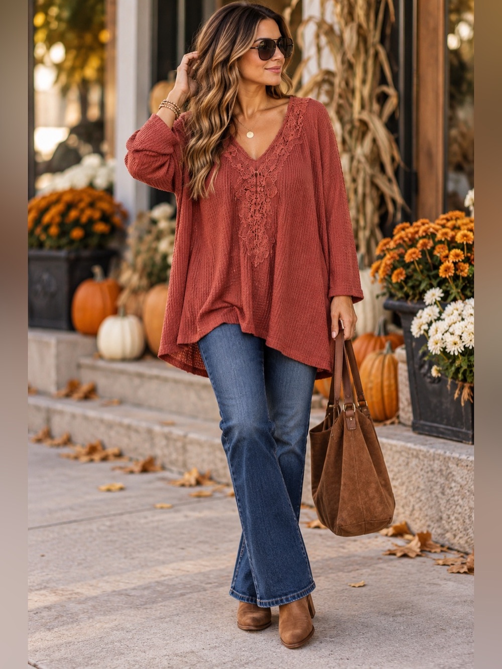 Torrid Size 3 3X Rust Crochet Lace V Neck Long Sleeve Knit Tunic Top